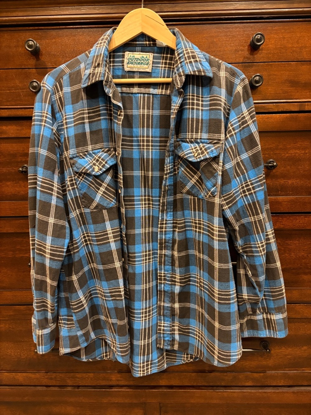 Outdoor Exchange Vintage Blue Black Plaid Flannel Button-Down Shirt Men's L